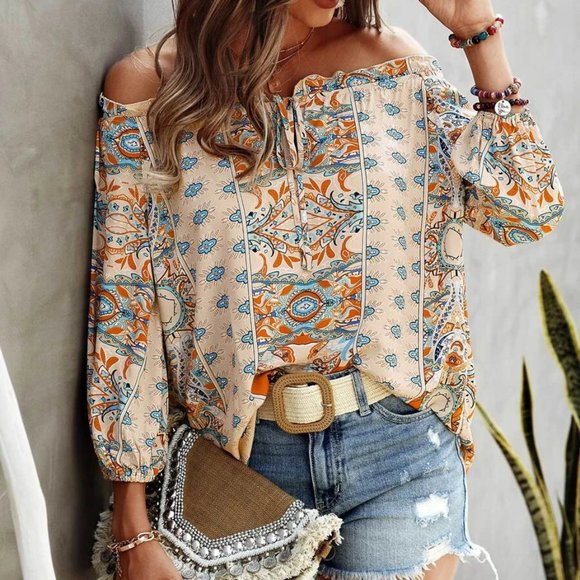 MODA ME COUTURE Tops - Boho Floral Print Off Shoulder Blouse Tan